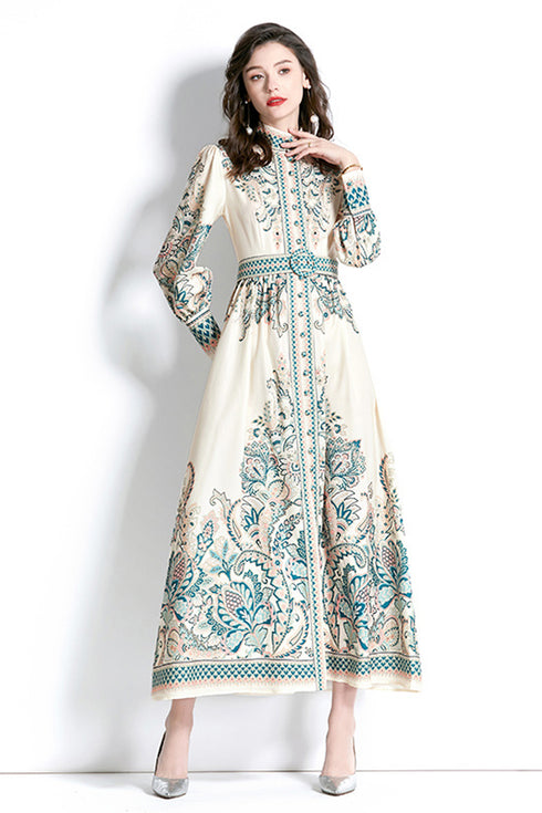 Designer Elegant Paisley Pattern Lantern Sleeves, Stand Collar, Belted Vintage A-Line Party, Wedding Guest Maxi Dress - Turquoise